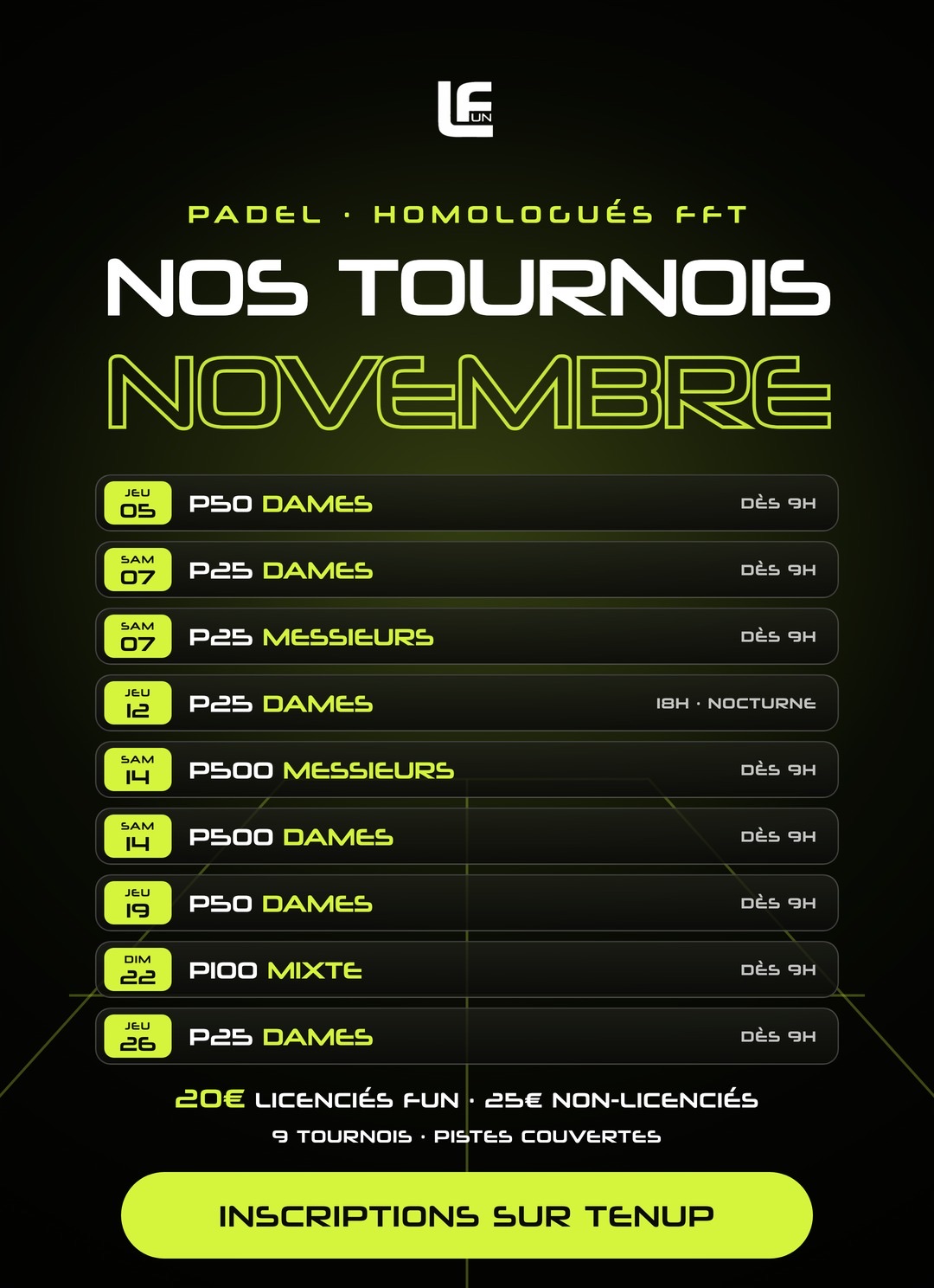 Visuel des tournois de padel du mois